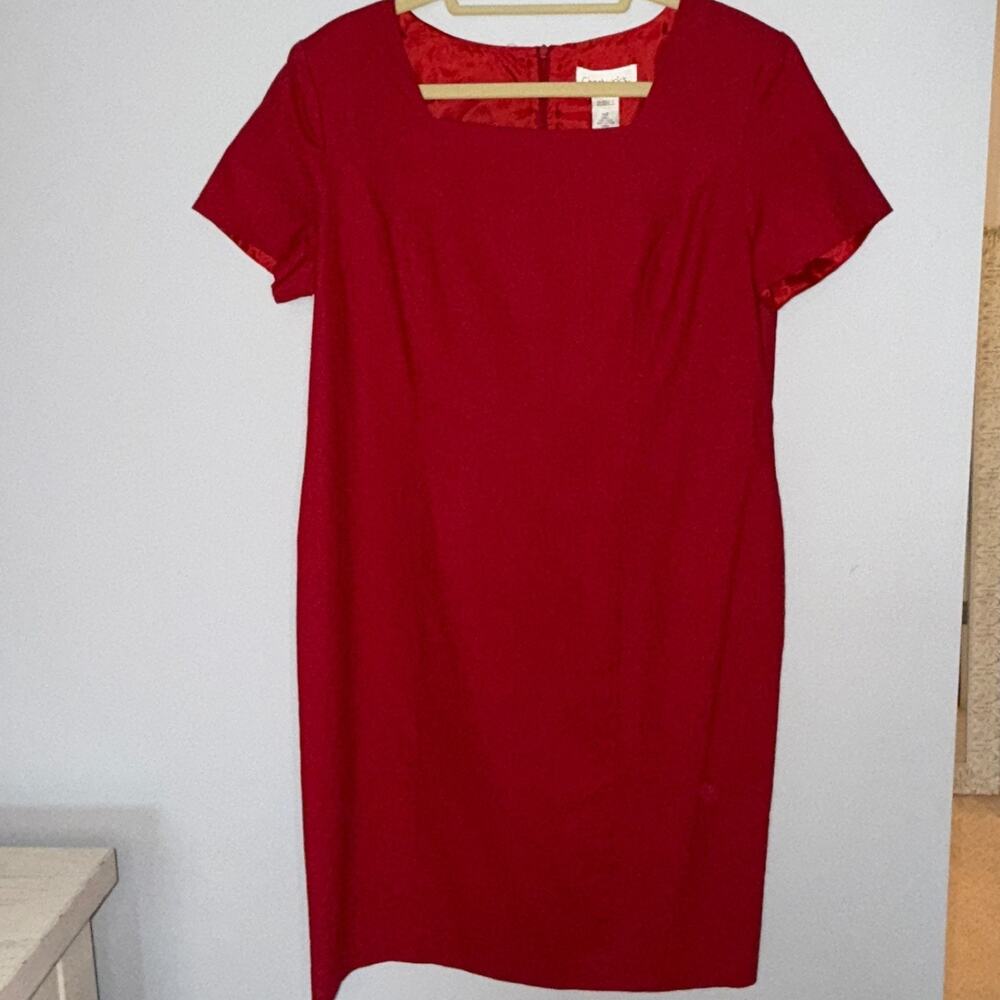 Chadwicks Womens Vtg Sheath Dress Size 14 Petite Red Linen Blend Short Sleeve